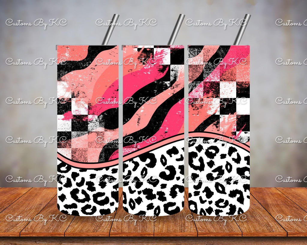 Customs By KC Tumbler multicolor cow prints - pink & black