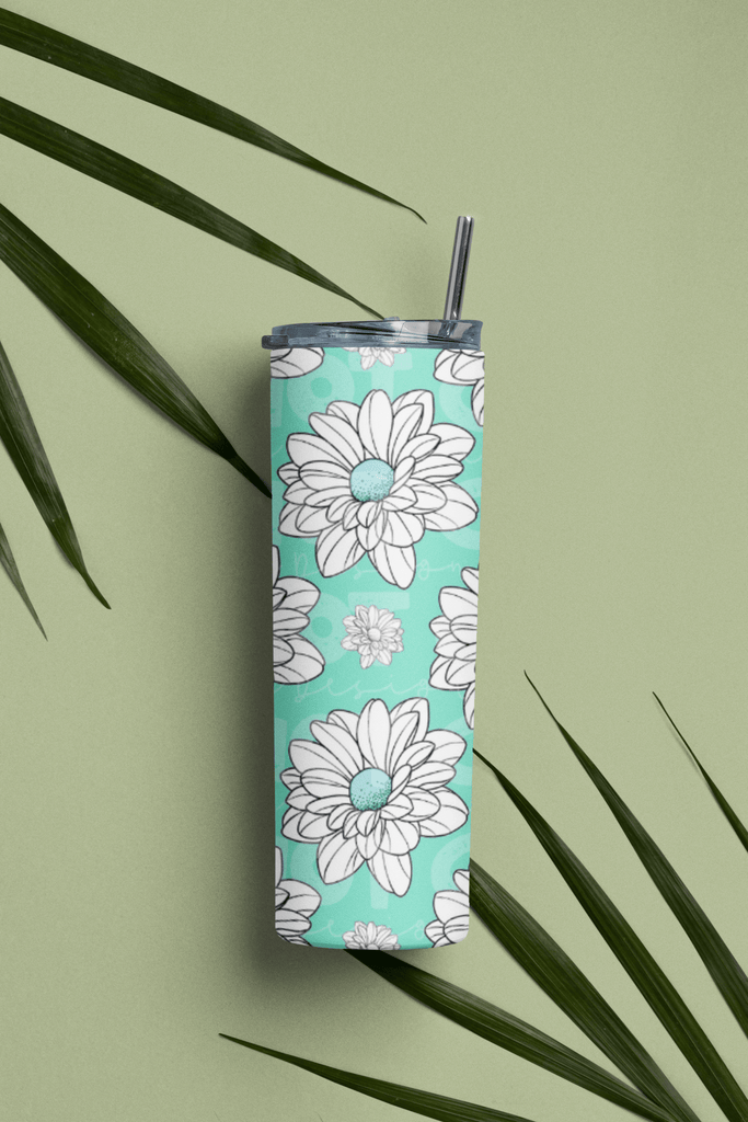 Customs By KC Tumbler Teal and White Floral Tumbler